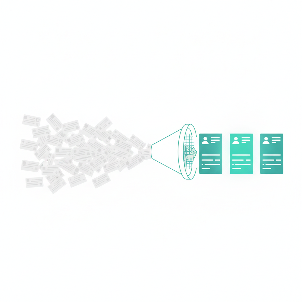 A cluttered LinkedIn job feed being filtered down into a few clean, highlighted matching roles